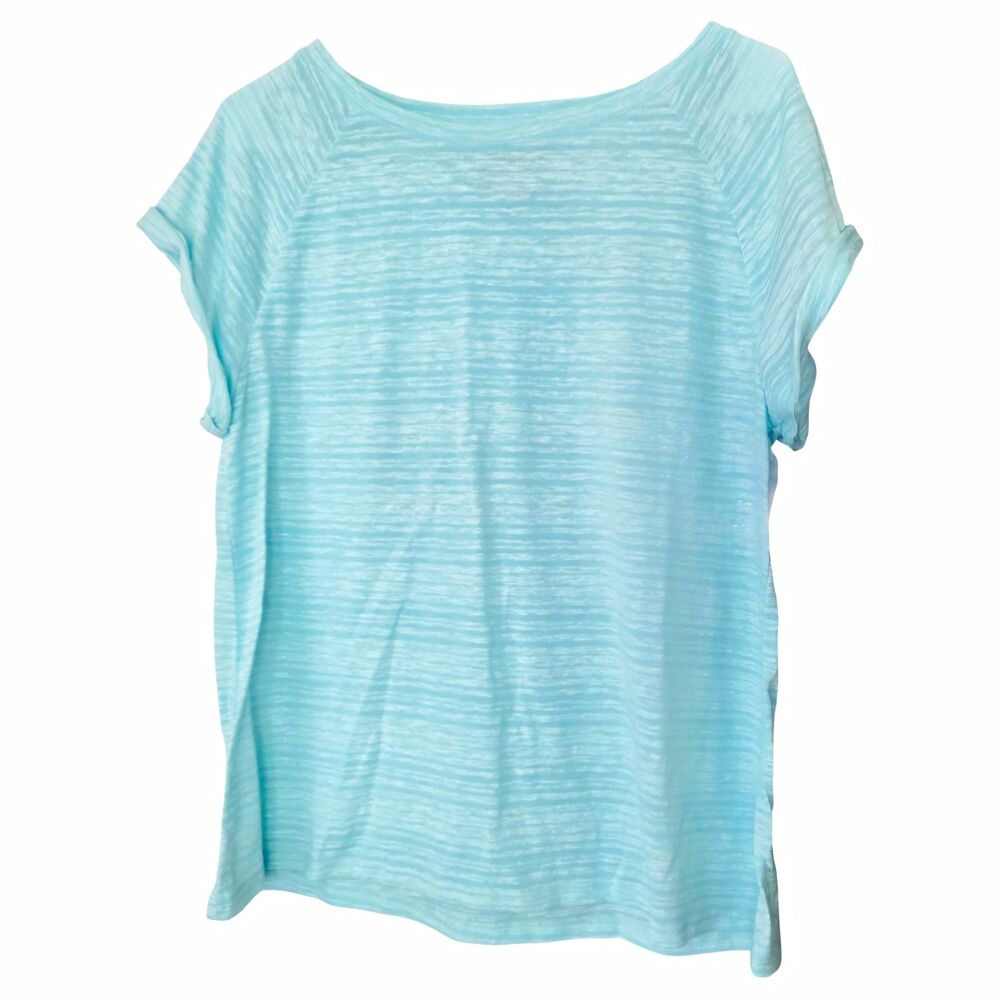 American Rag Cie Women's Light Blue Striped Boat Neck Short Sleeve Knit Top L